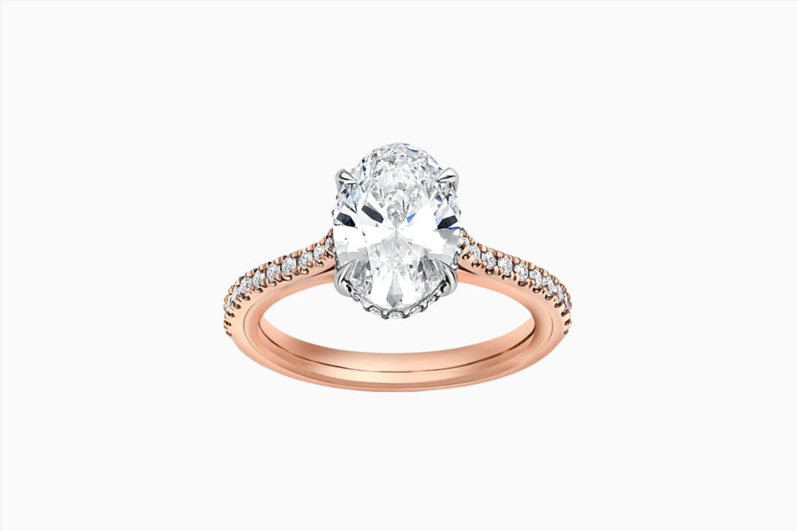 Oval Graduated Pave Cathedral Engagement Ring in Rose Gold