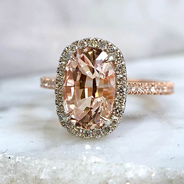 Natural Peach Morganite Halo Engagement Ring in Rose Gold - Ring Showcase