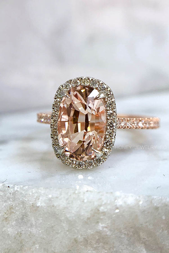 Natural Peach Morganite Halo Engagement Ring in Rose Gold - Ring Showcase