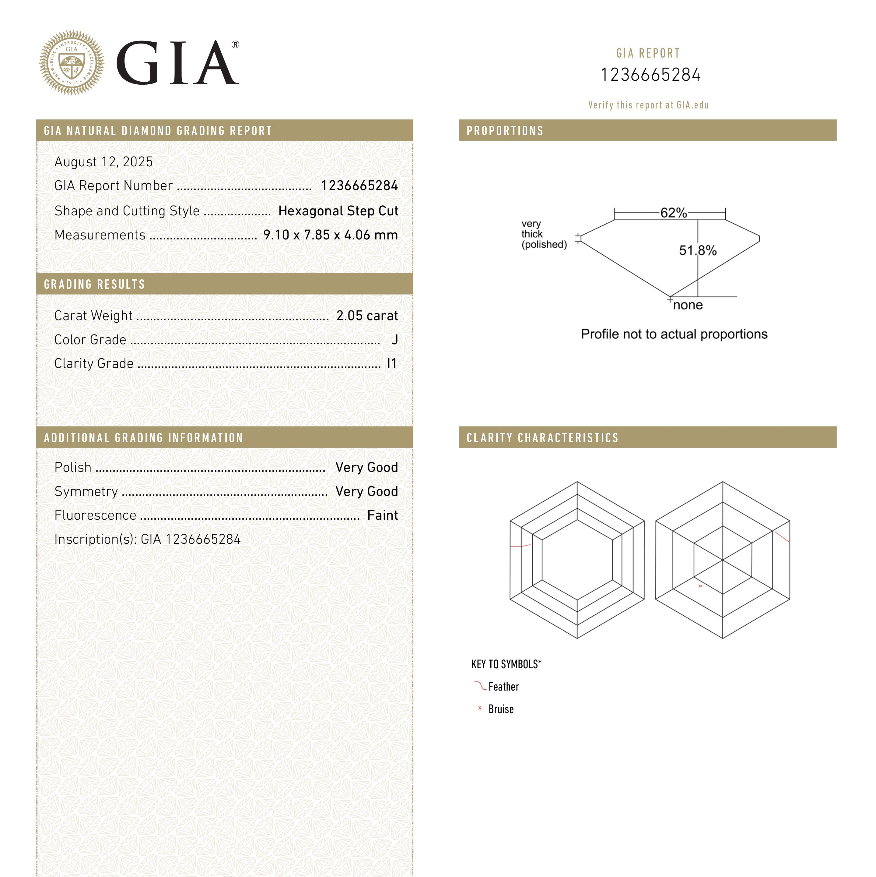 2.05ct 9.10x7.85x4.06mm GIA I1 J Hexagon Step Cut 24276-01