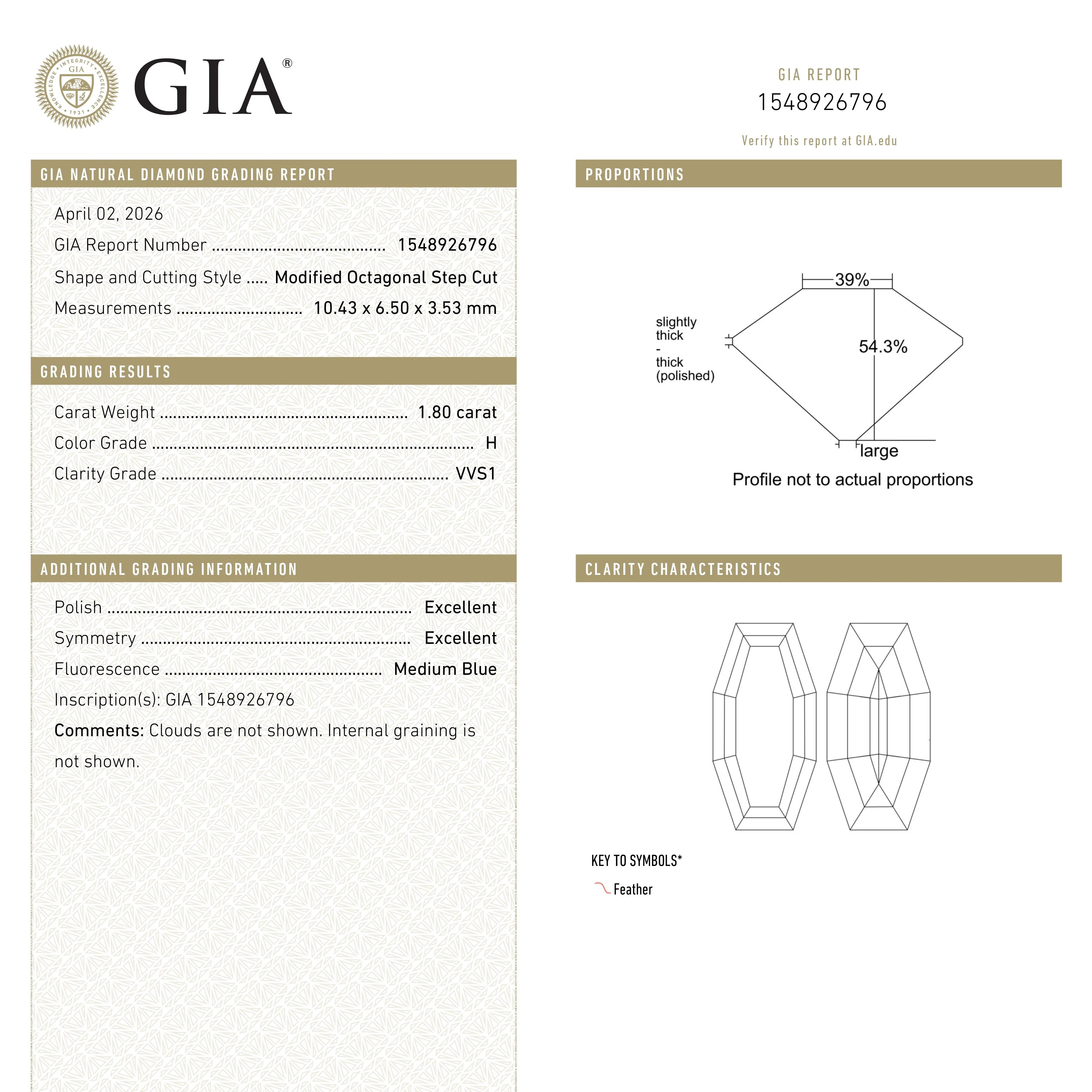 1.80ct 10.43x6.50x3.53mm GIA VVS1 H Cut Corner Rectangle Step Cut 28011-01