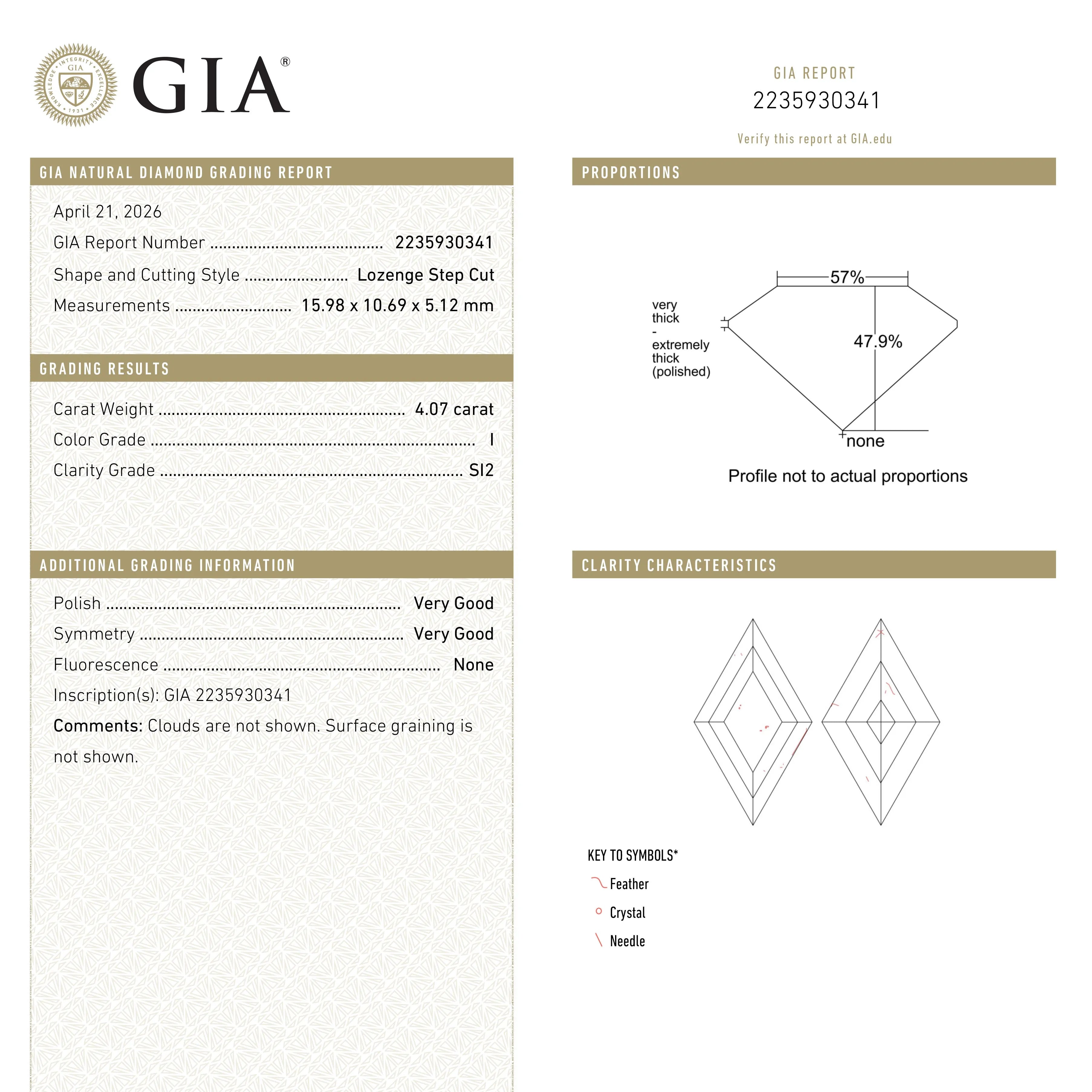 4.06ct 15.98x10.69x5.12mm GIA SI2 I Lozenge Step Cut 28010-01