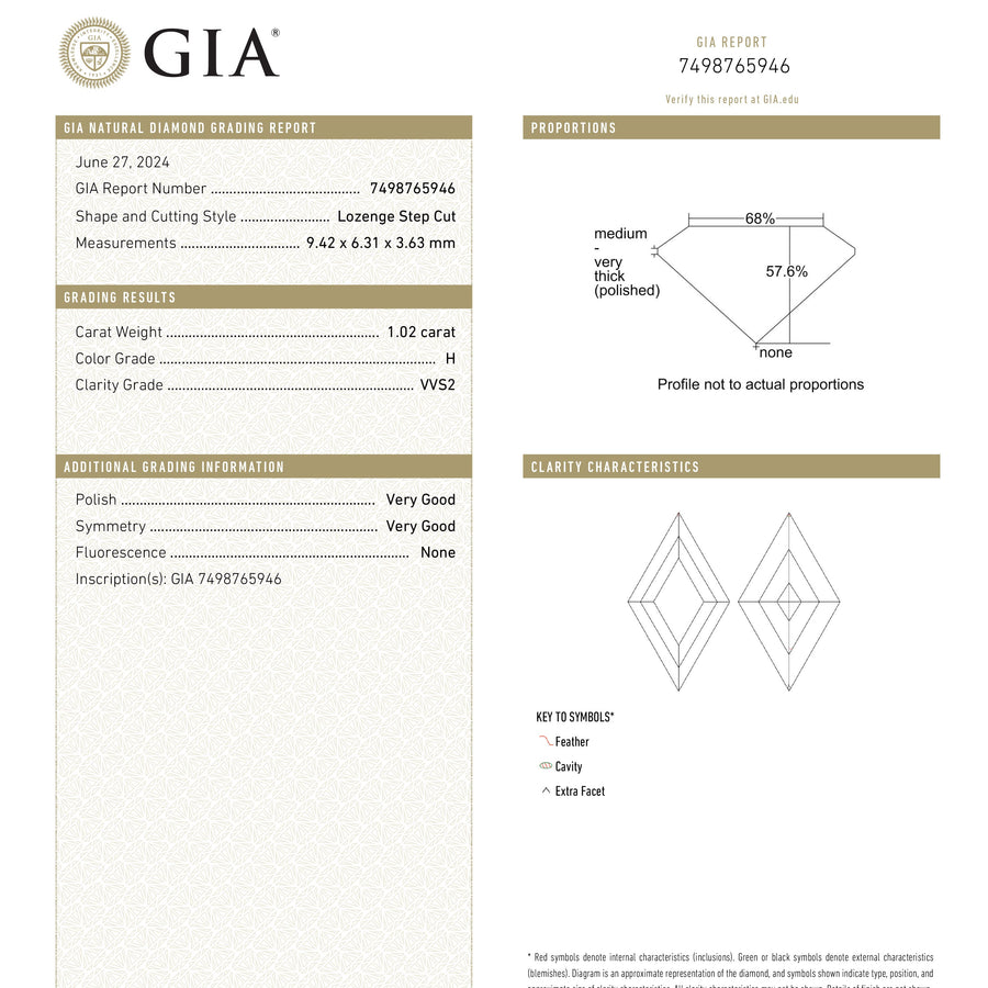 1.02ct 9.42x6.31x3.63mm GIA VVS2 H Lozenge Step Cut 25802-01