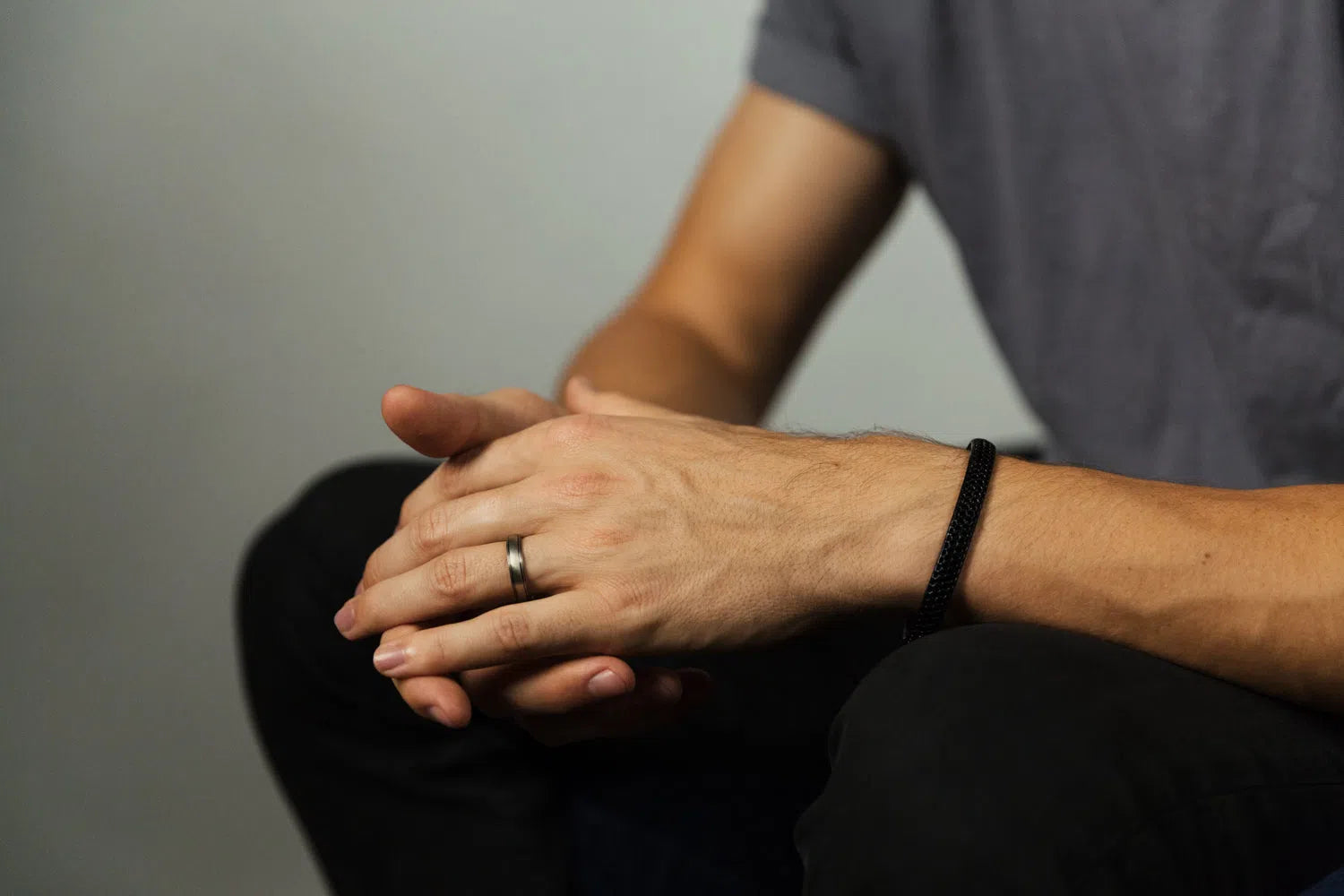 Men's Striped Wedding Band on Hand