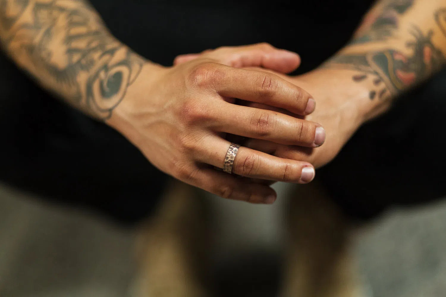 Hammered Men's Wedding Band on Hand