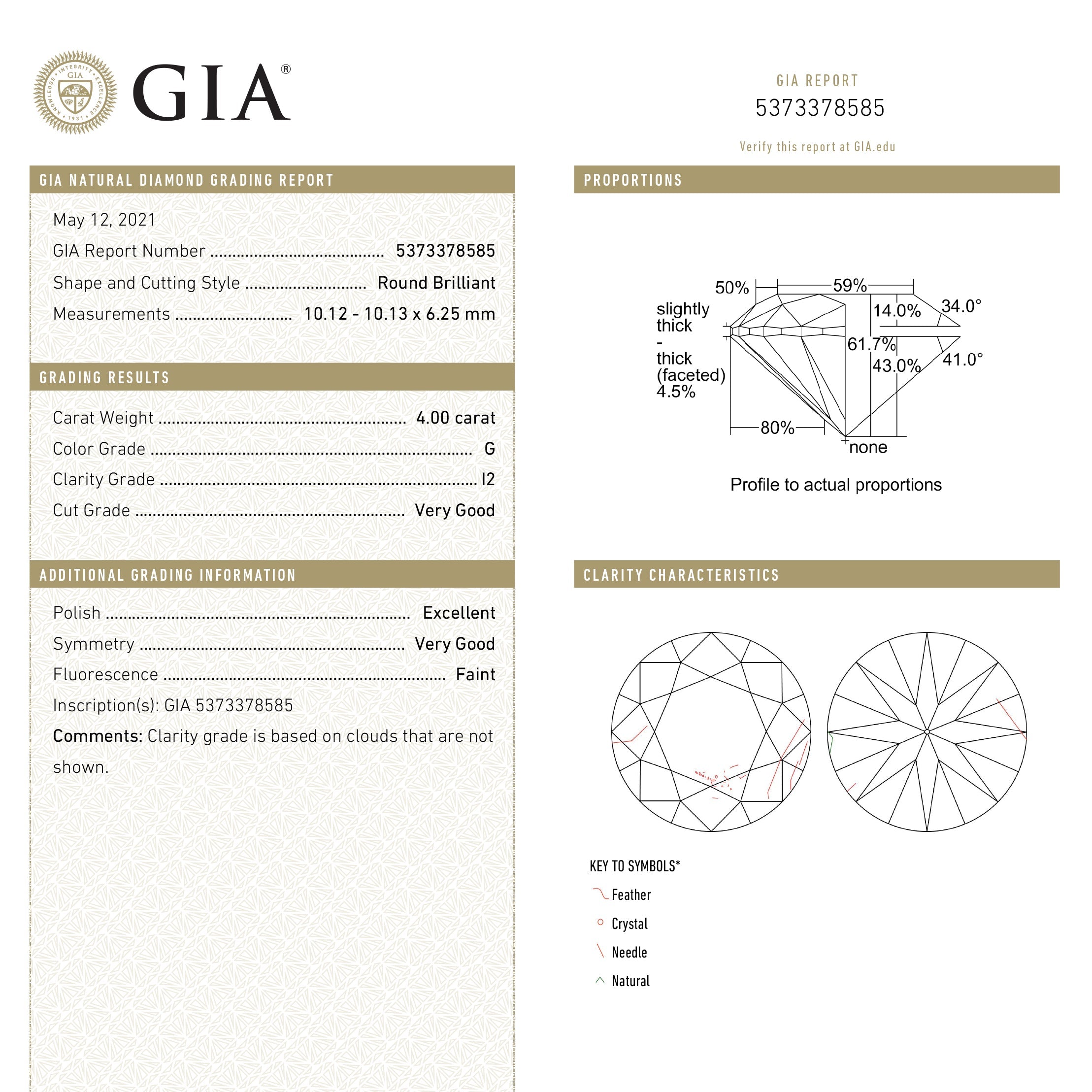 4.00ct 10.13x10.12x6.25mm GIA I2 Fancy White Round Brilliant 19263-01 - Misfit Diamonds