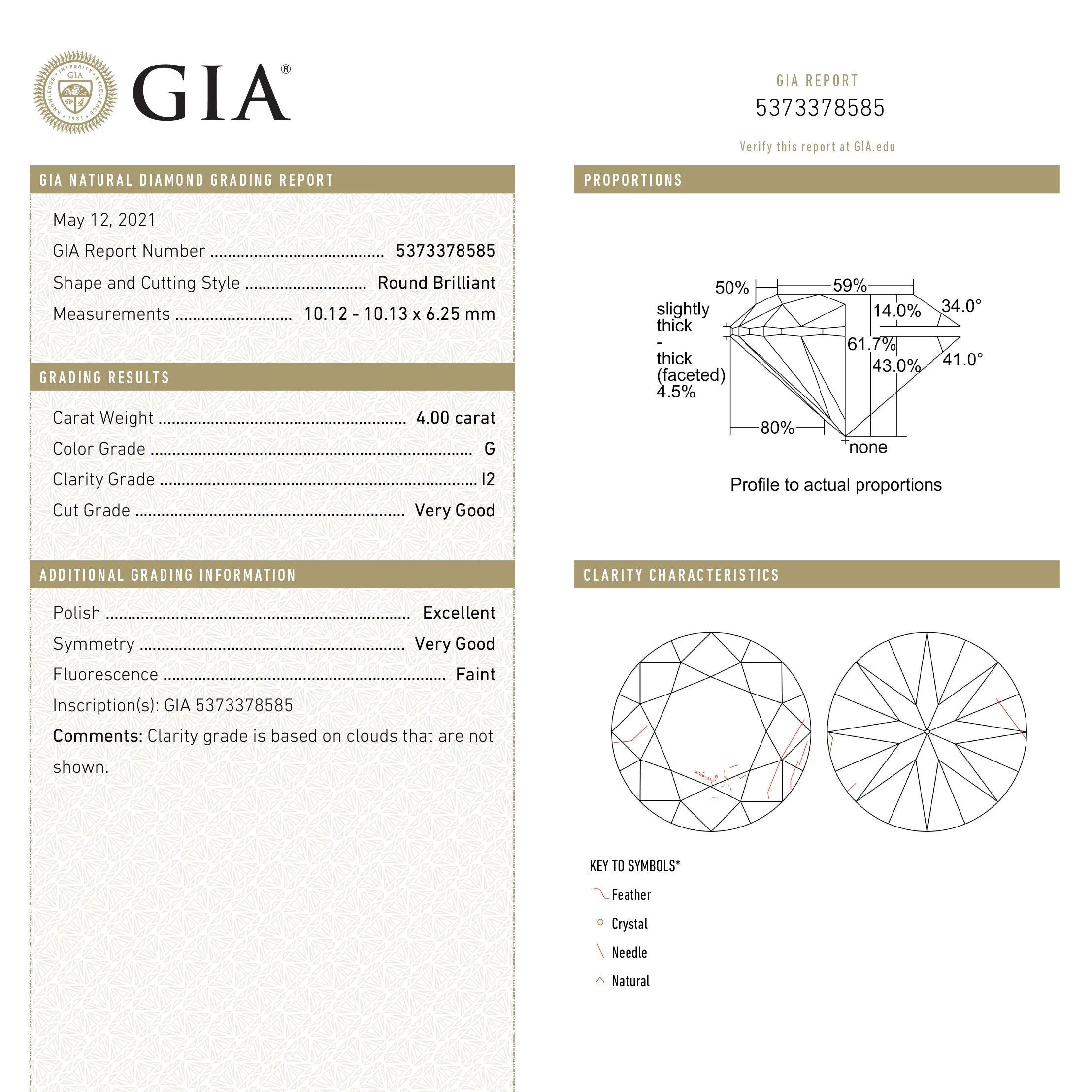 4.00ct 10.13x10.12x6.25mm GIA I2 Fancy White Round Brilliant 19263-01