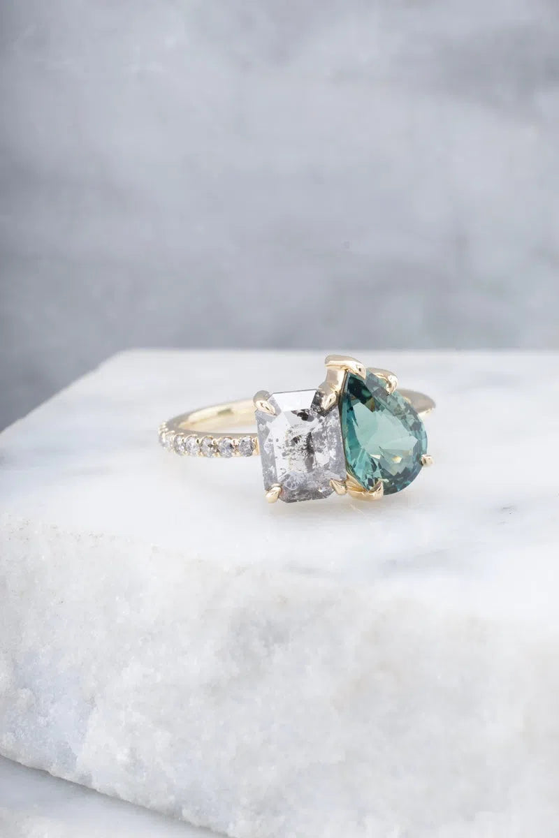 2 Stone Salt & Pepper and Sapphire Diamond Engagement Ring-Honey Jewelry Co-Honey Jewelry Co