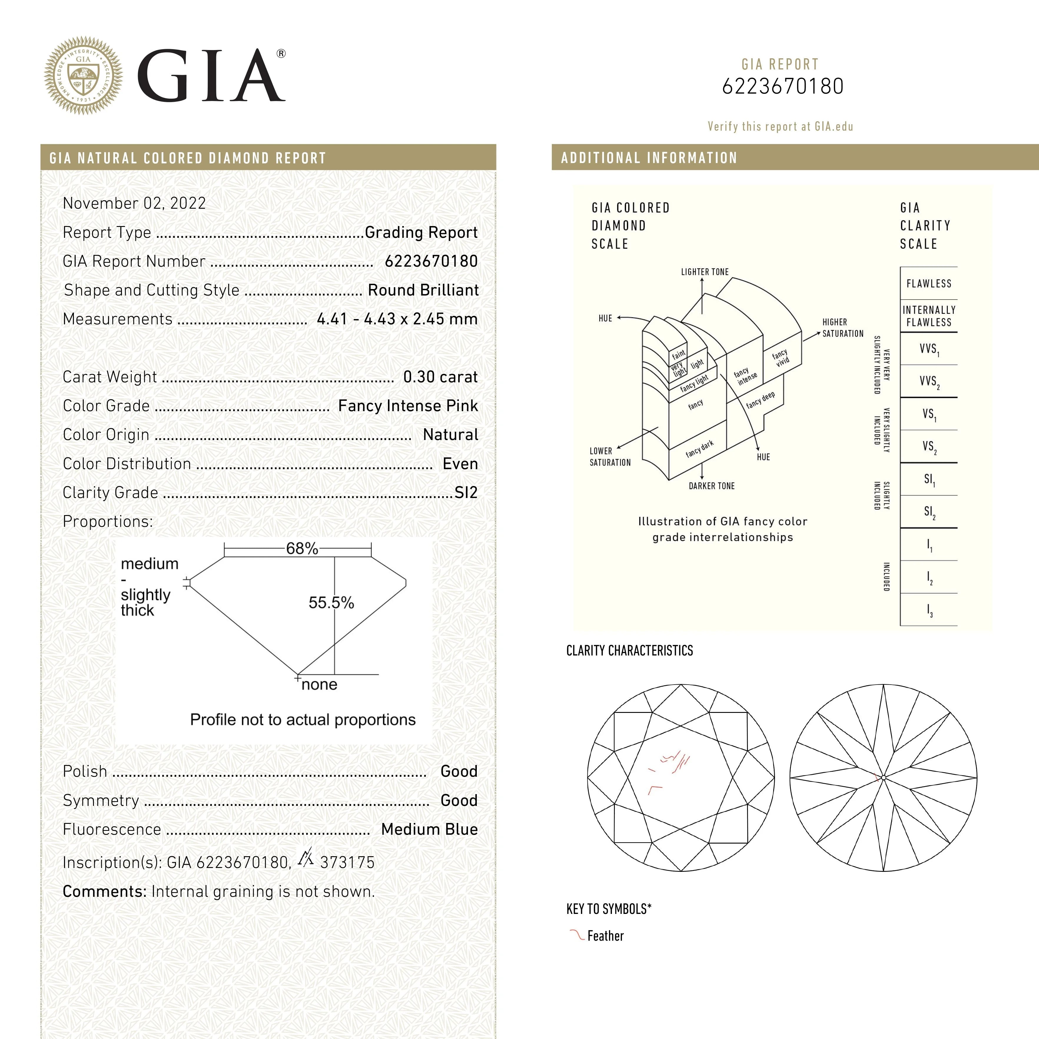 0.30ct 4.43x4.41x2.45mm GIA SI2 Fancy Intense Pink Round Brilliant 24144-01