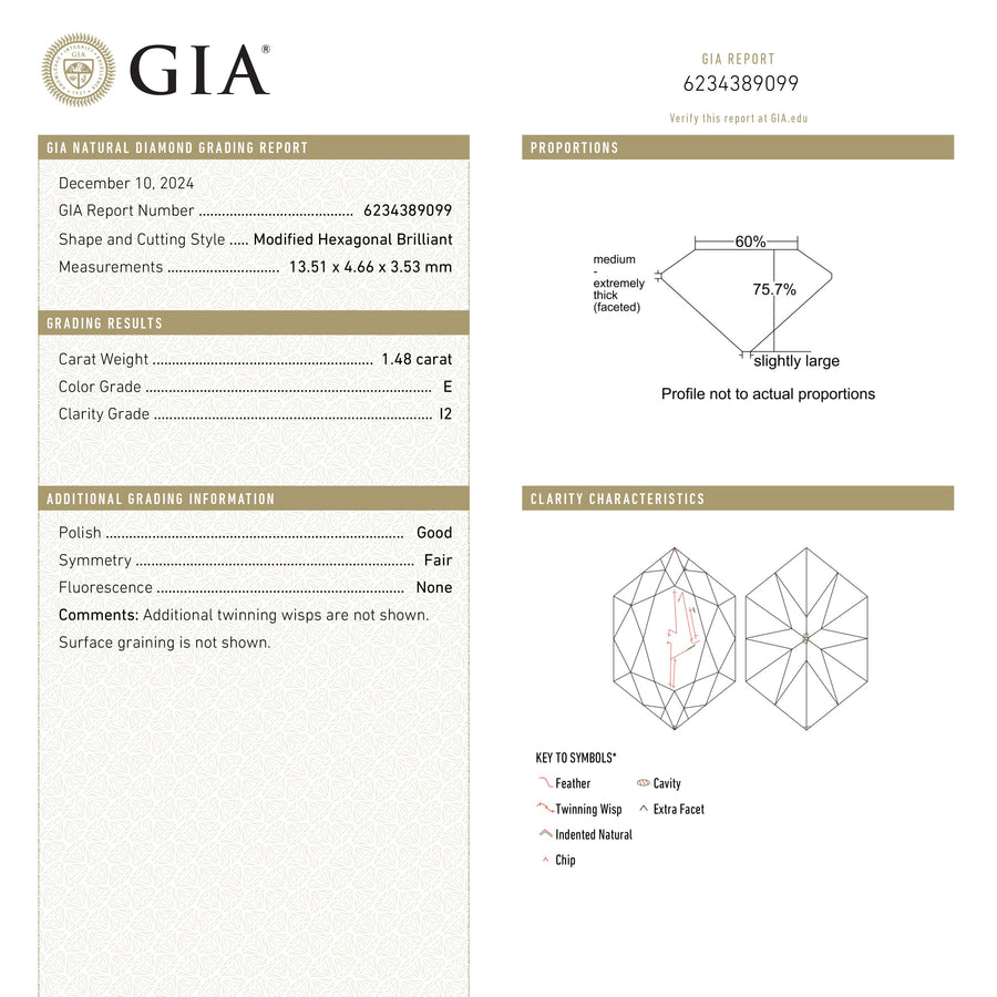 1.48ct 13.51x4.66x3.53mm GIA I2 E Hexagon Brilliant 25910-01