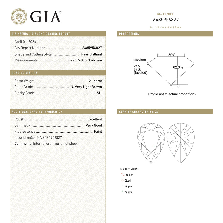 1.21ct 9.22x5.87x3.66mm GIA SI1 N Pear Brilliant 🇨🇦 25221-01