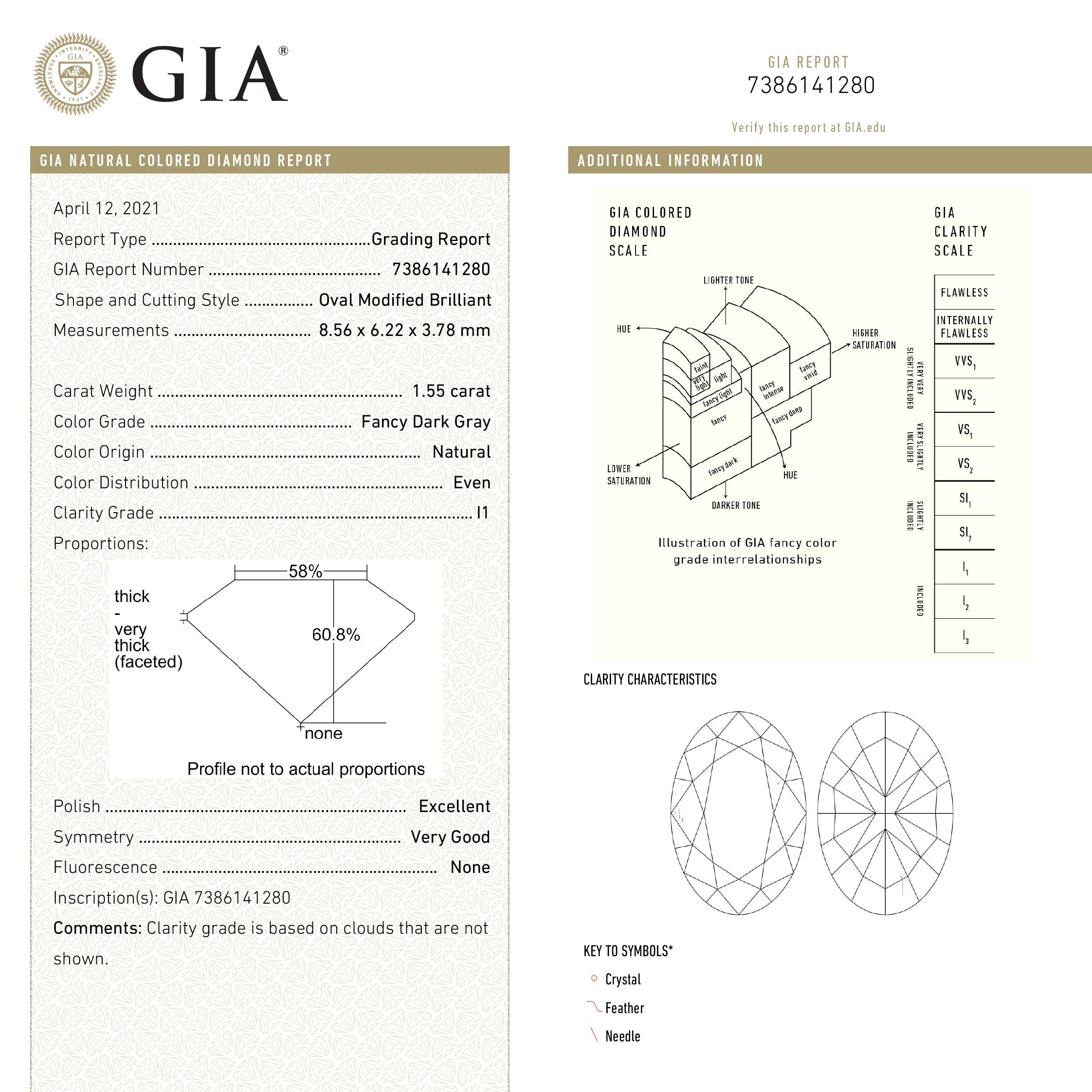 1.55ct 8.56x6.22x3.78mm GIA I1 Fancy Dark Grey Oval Brilliant 19266-01