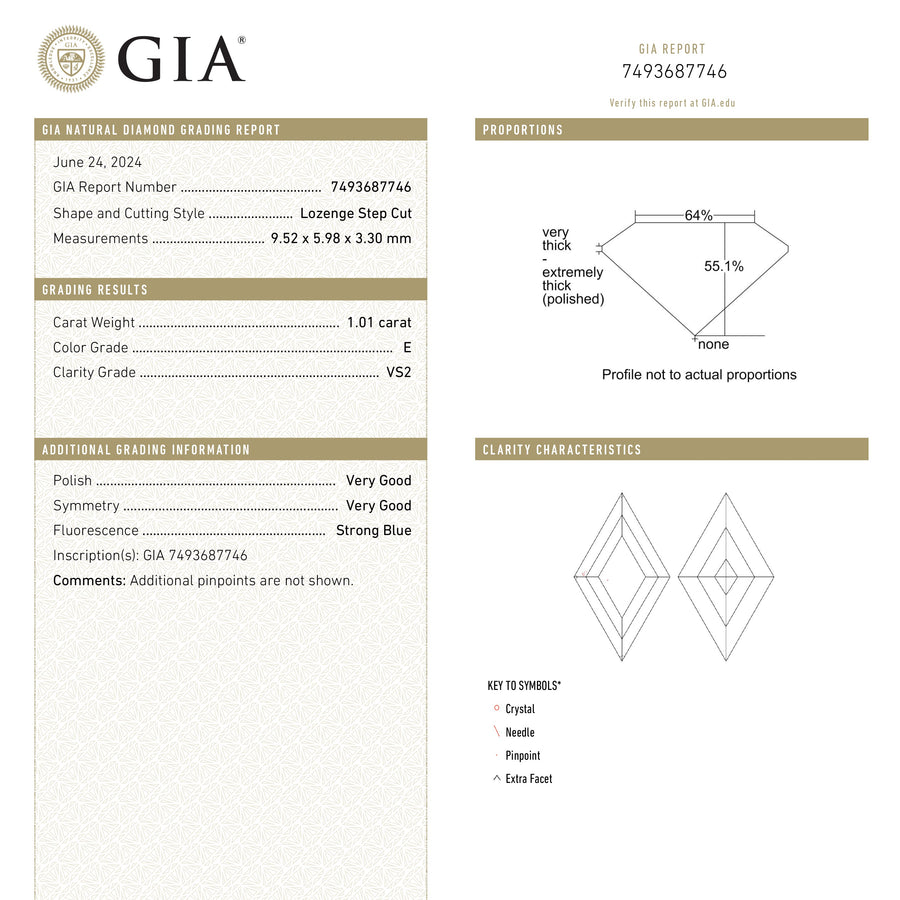 1.01ct 9.52x5.98x3.30mm GIA VS2 E Lozenge Step Cut 25709-01