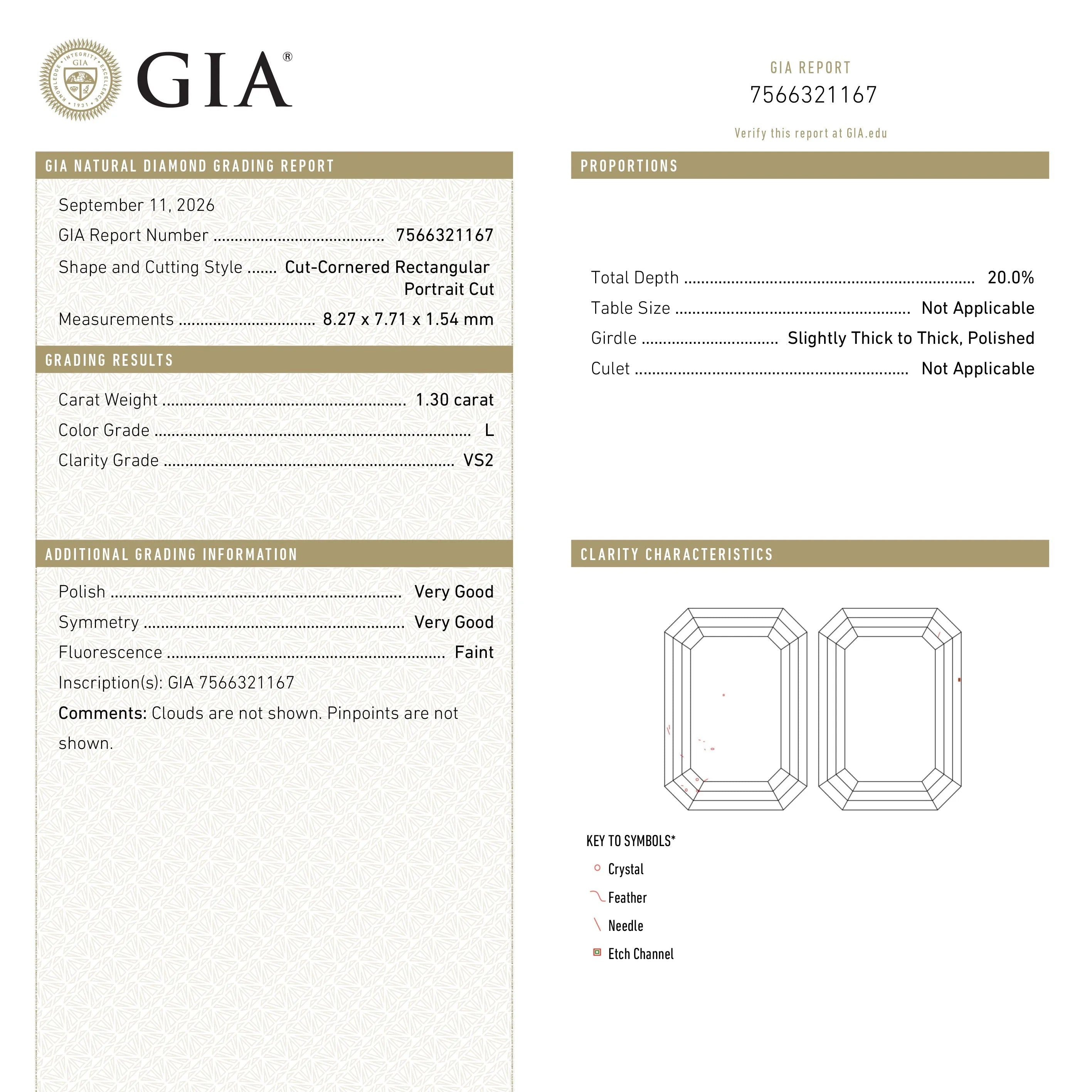 1.30ct 8.27x7.71x1.54mm GIA VS2 L Cut Corner Square Portrait Cut 28328-01