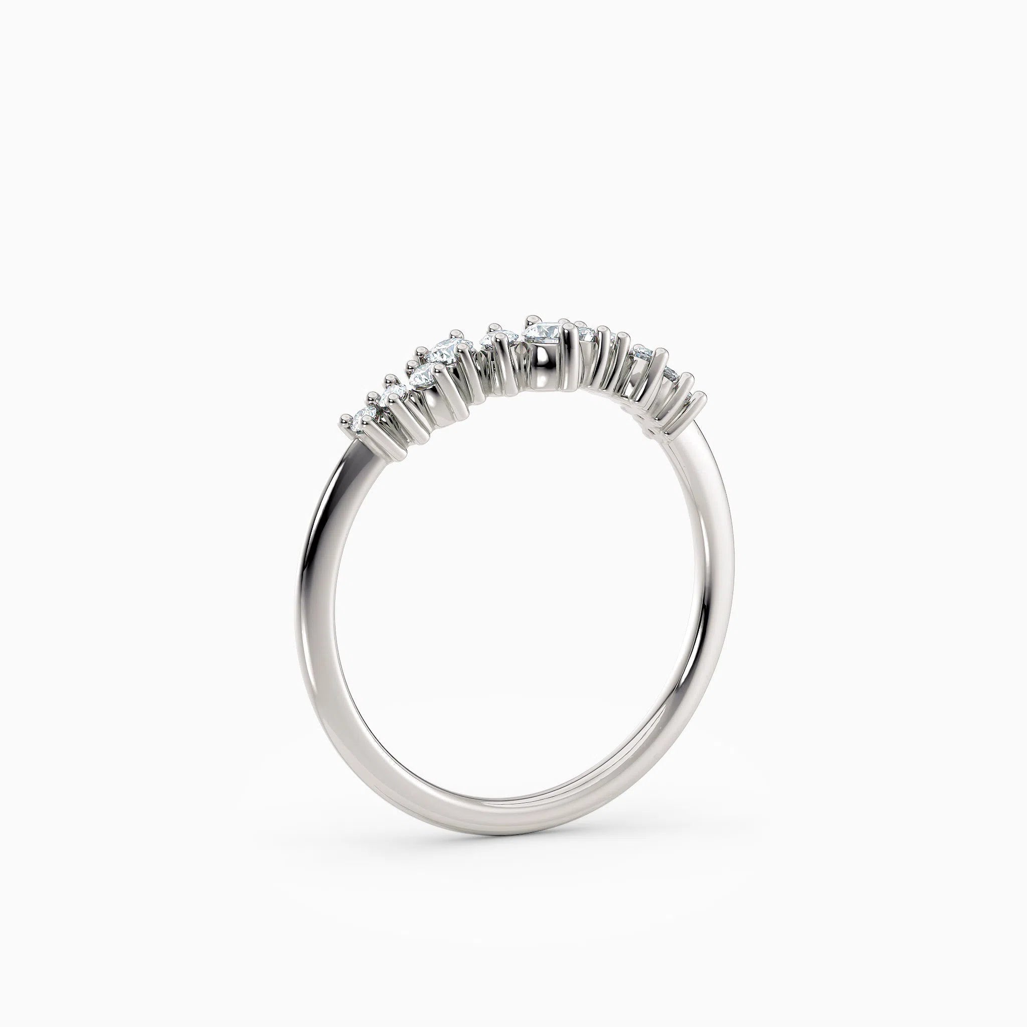 Curved, contoured round diamond wedding band
