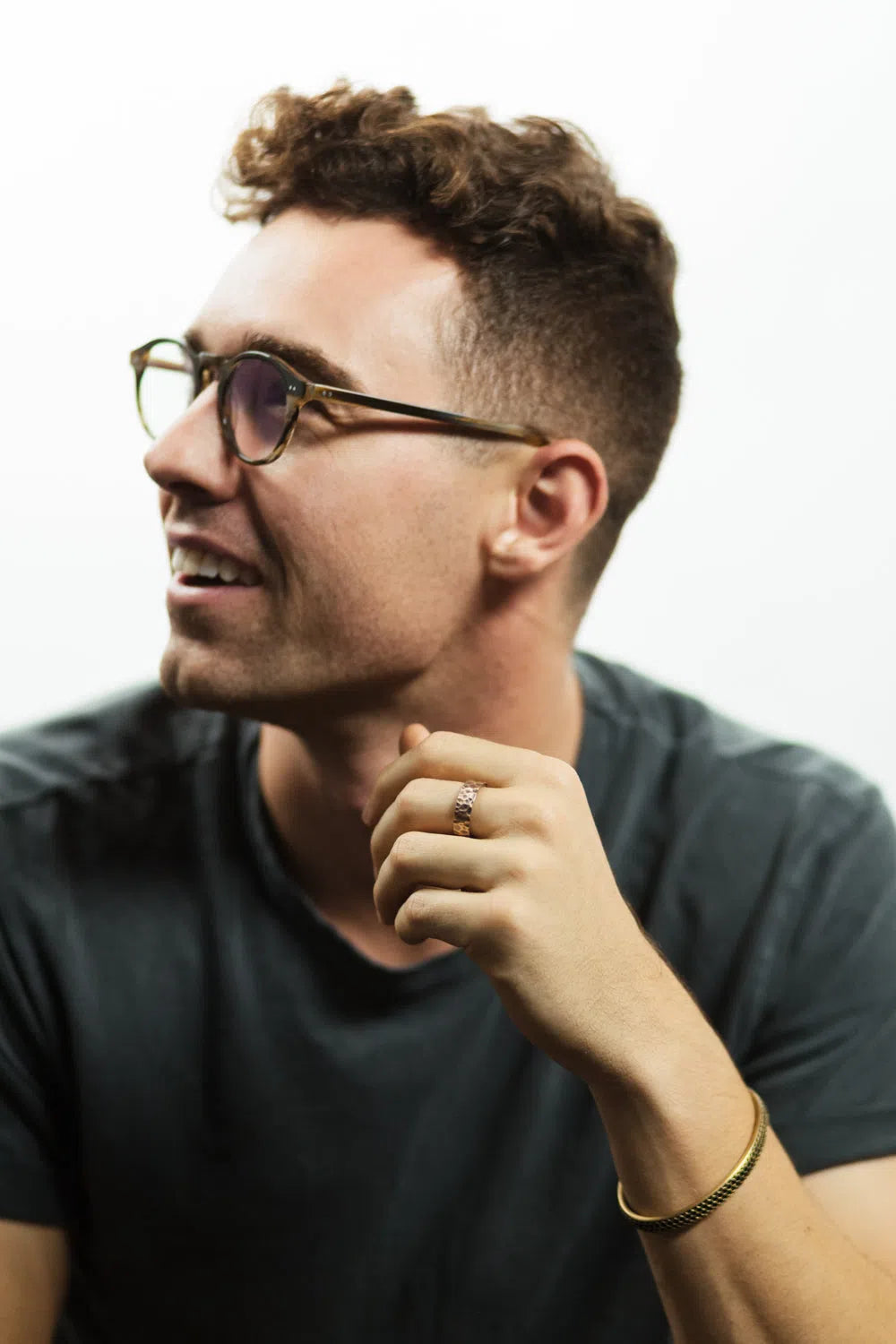 Men's Hammered Gold Wedding Band on Hand