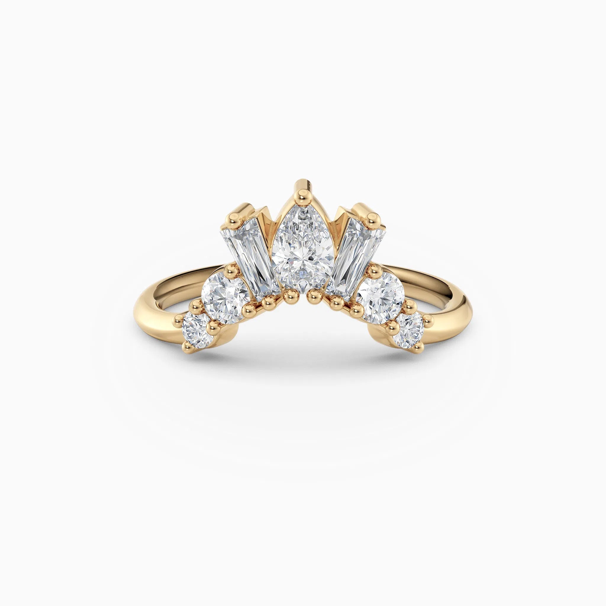 Contoured diamond wedding band featuring pear, round, and baguette diamonds.