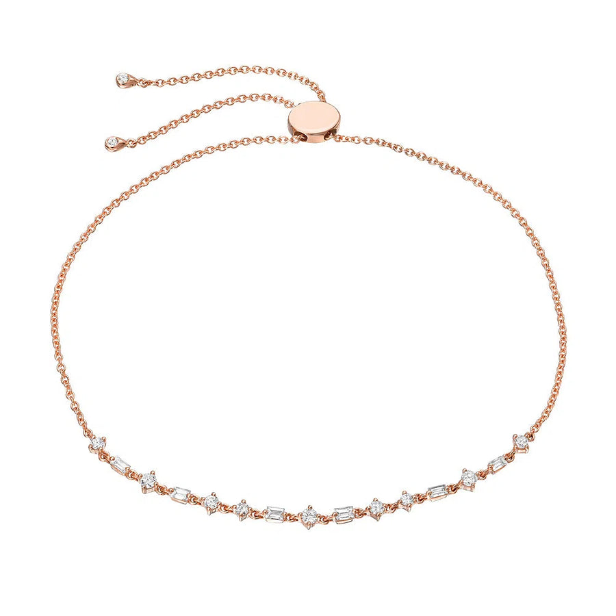 Mixed Baguette and Round Diamond Adjustable Bracelet - Rose Gold