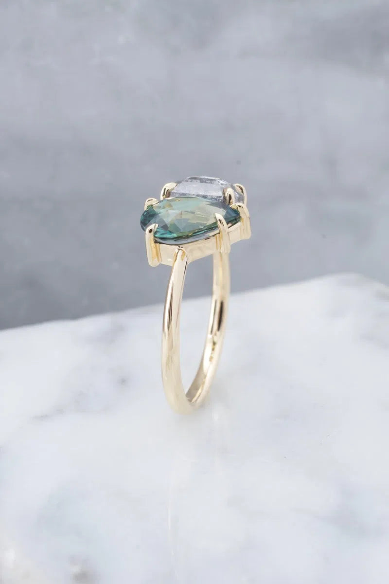 2 Stone Salt & Pepper and Sapphire Diamond Engagement Ring-Honey Jewelry Co-Honey Jewelry Co