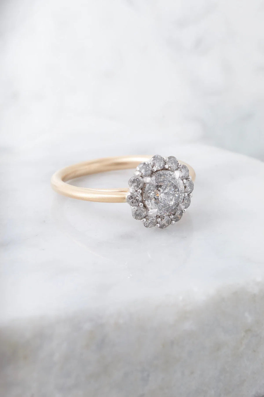 1ct Salt & Pepper Diamond ring with lotus style halo-Honey Jewelry Co-Honey Jewelry Co