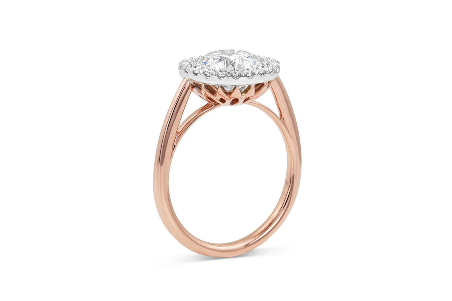 Basket Cathedral Engagement Ring with Round Cut Halo in Rose Gold