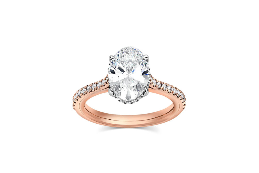 Oval Graduated Pave Cathedral Engagement Ring in Rose Gold