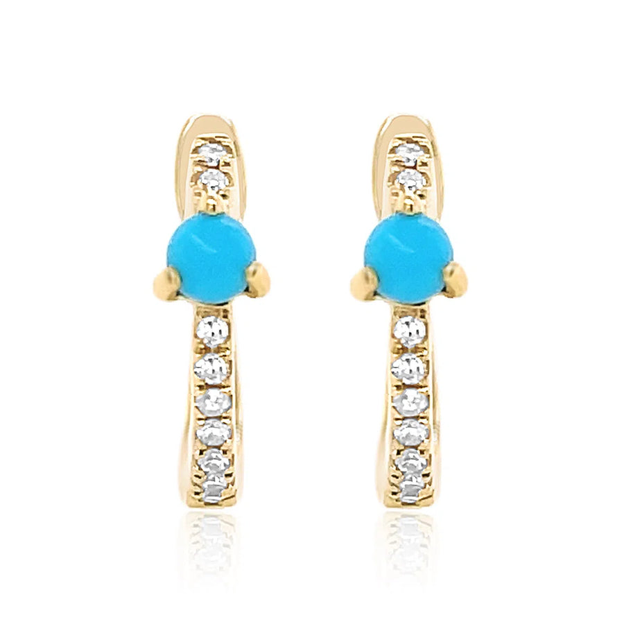 Diamond Huggie Earrings with Prong Set Turquoise - Yellow Gold