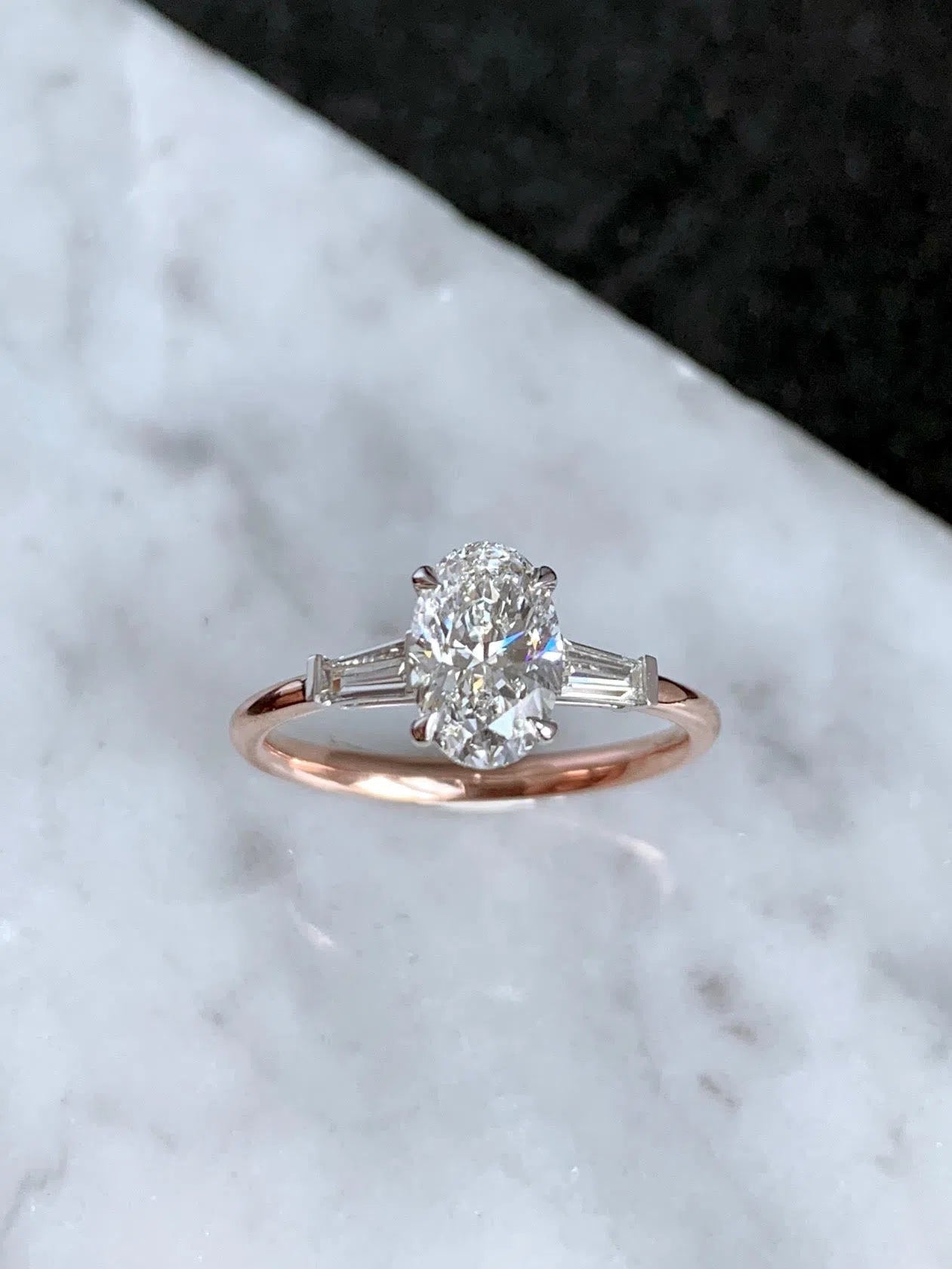 Mackenzie | Oval Three Stone Tapered Baguette Engagement Ring-Honey Jewelry Co-Honey Jewelry Co