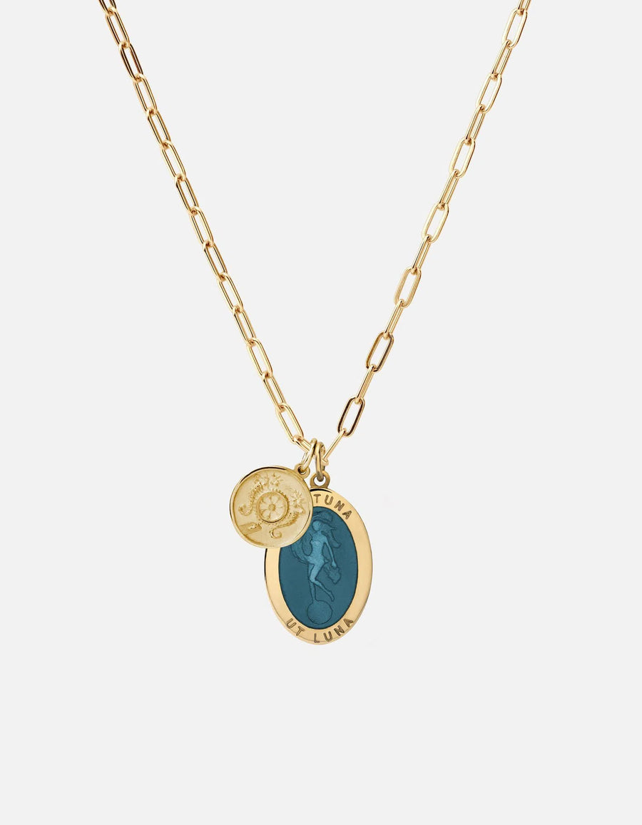 Fortuna Pendant w/Cable Chain Necklace w/ Blue Enamel, Gold Vermeil