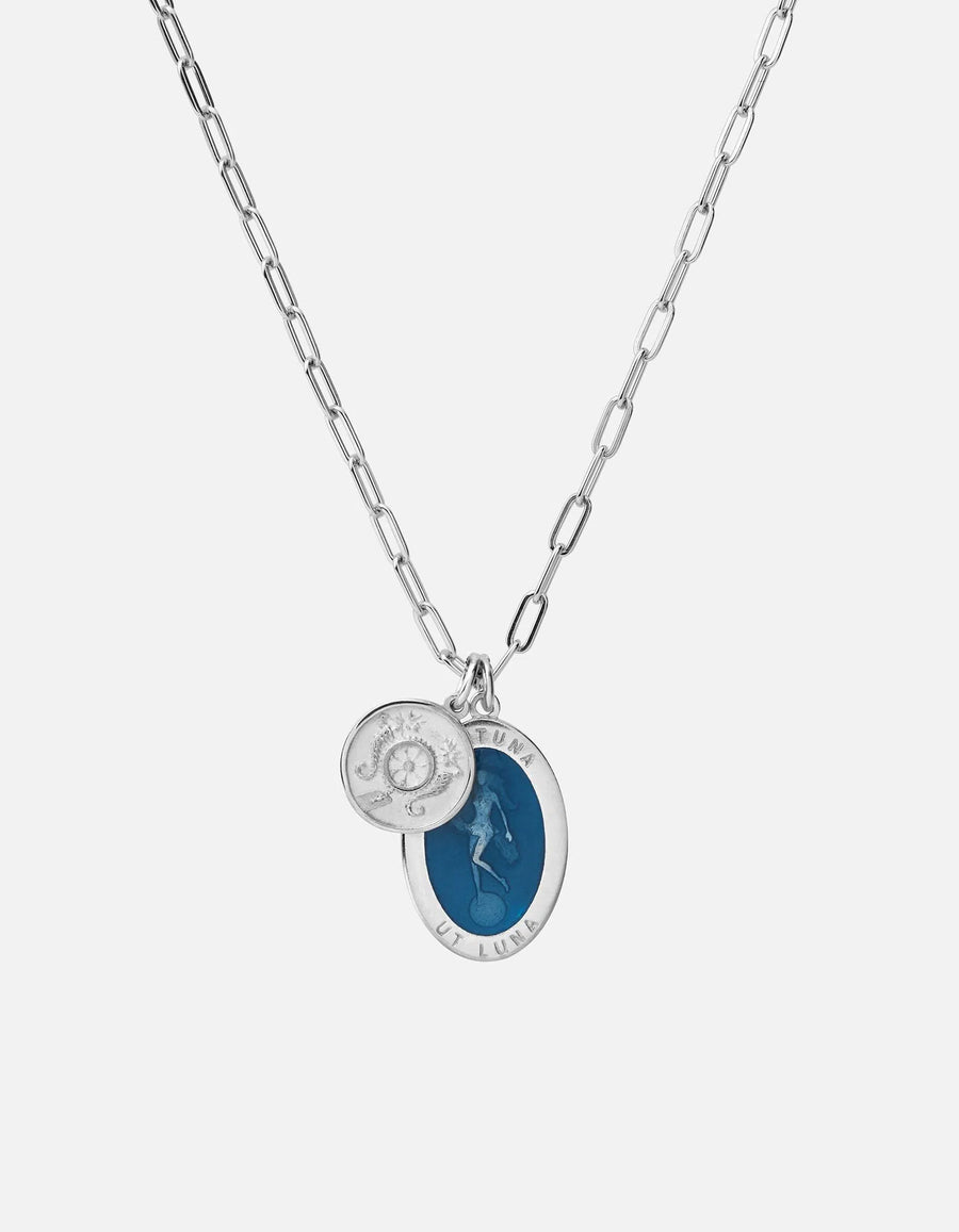 Fortuna Pendant w/Cable Chain Necklace w/Blue Enamel, Sterling Silver