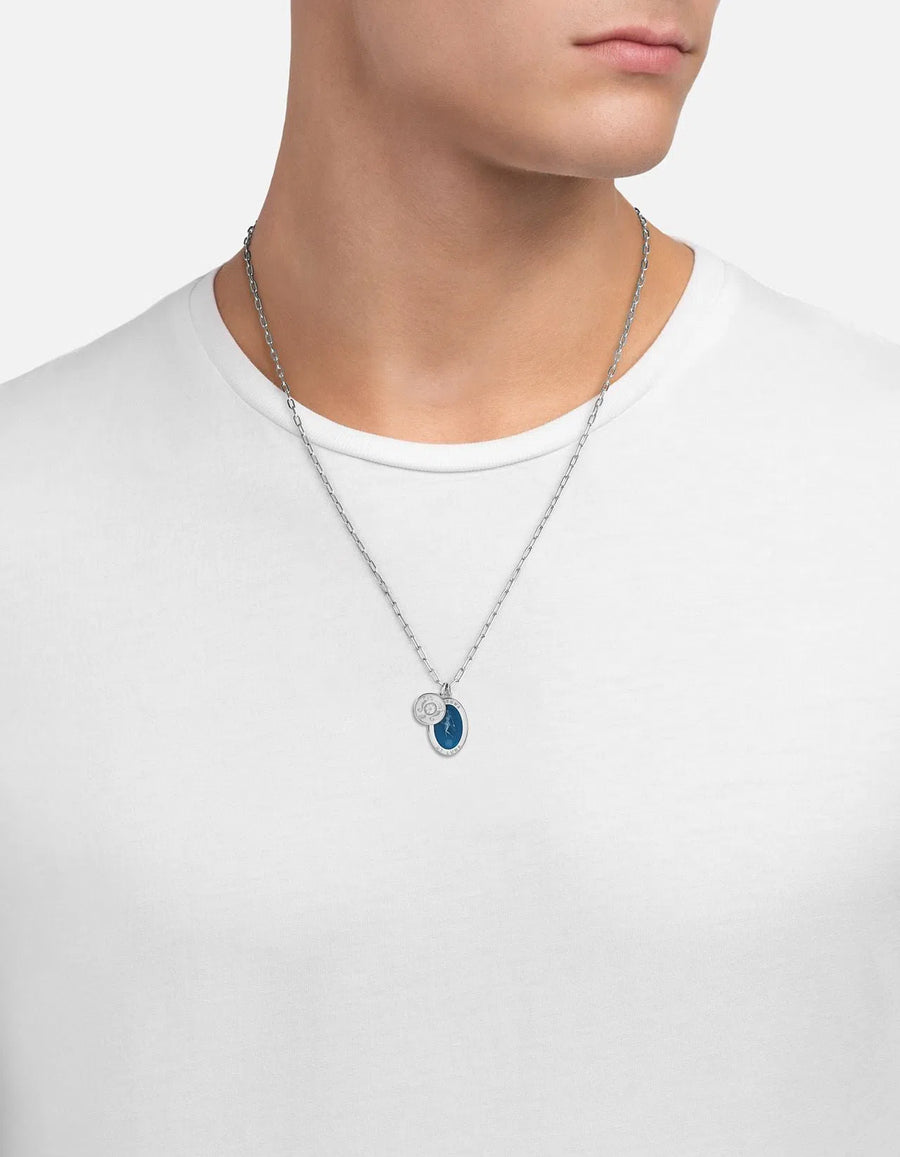 Fortuna Pendant w/Cable Chain Necklace w/Blue Enamel, Sterling Silver