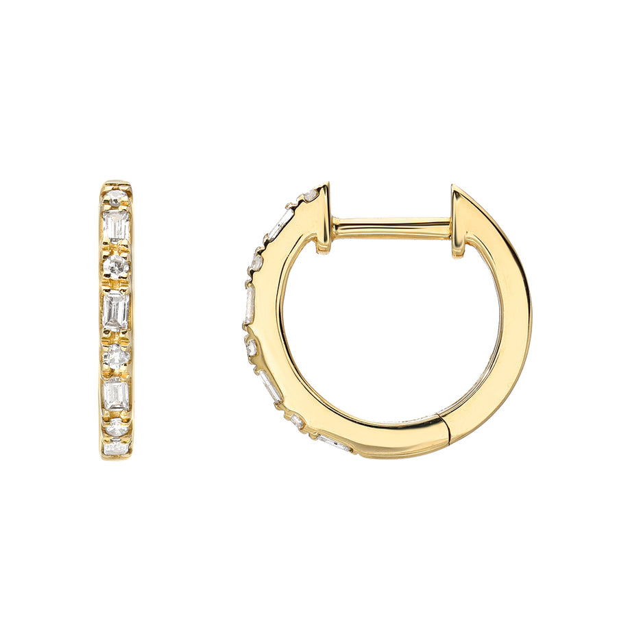 Baguette & Round Diamond Huggie Earrings - Yellow Gold