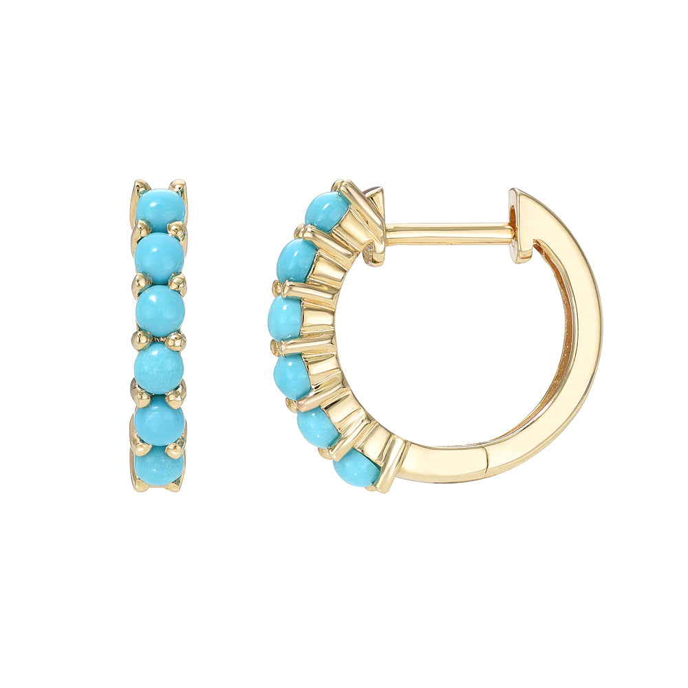 Small Turquoise Prong Set Huggie Earrings - Yellow Gold