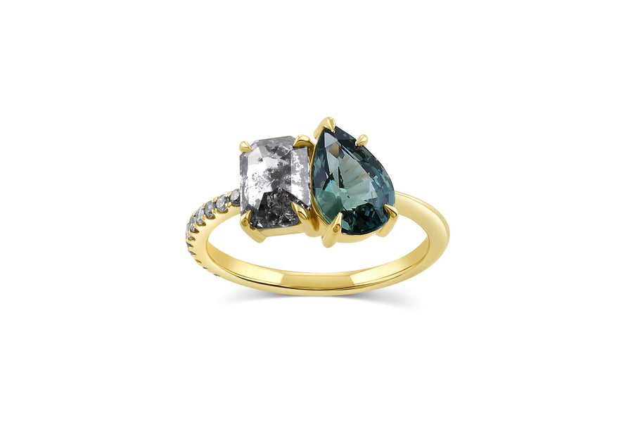 2 Stone Salt & Pepper and Sapphire Diamond Engagement Ring