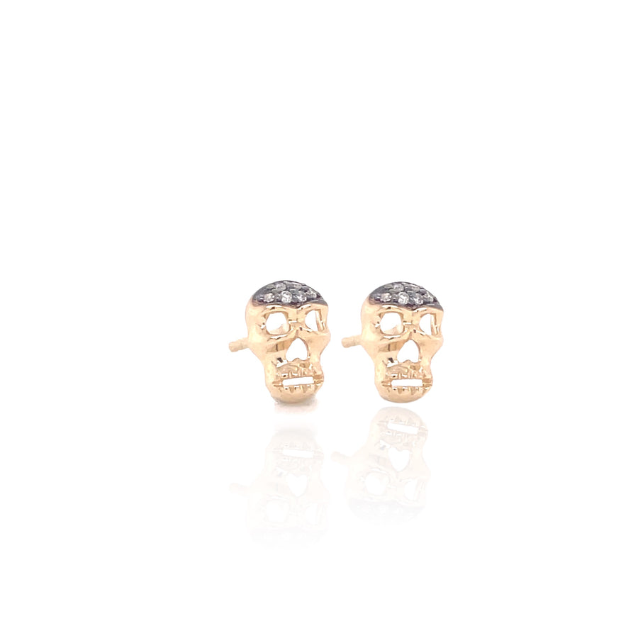 Petite Skull Post Earrings with White & Black Diamonds - Yellow Gold