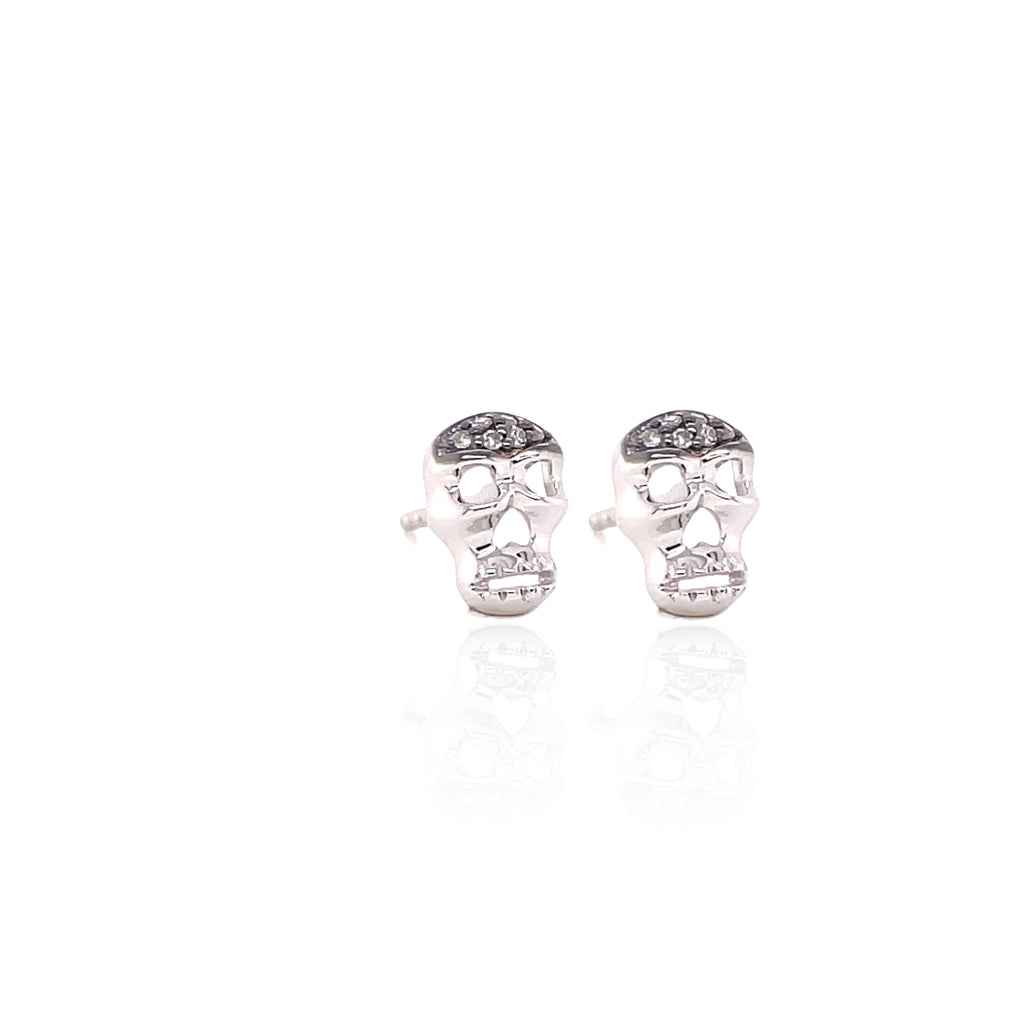 Petite Skull Post Earrings with White & Black Diamonds - White Gold